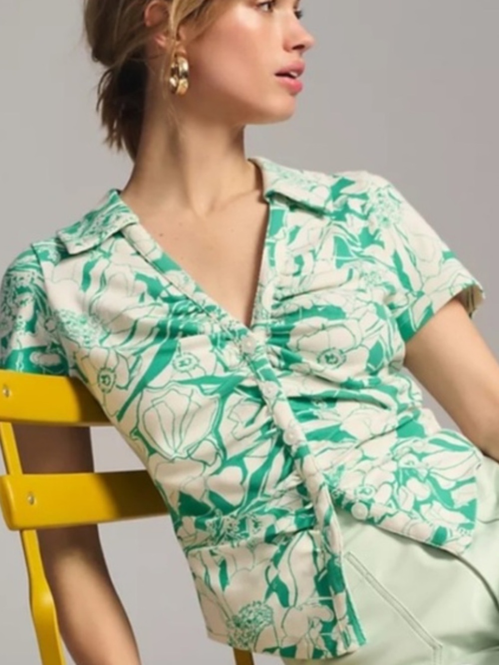 Anthropologie green and cream floral ruched blouse